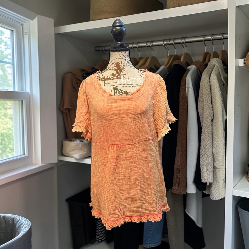 Umgee Boho Gauze Top Peach Orange Fringe Hem Babydoll Blouse Lightweight Summer